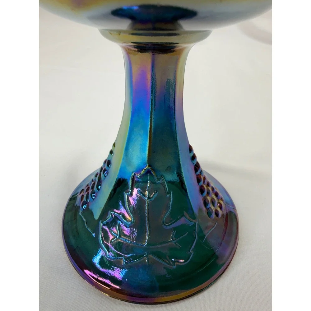 Vtg Carnival Glass HarvestGrape Compote Iridescent TealBlue Candy Dish Lid 9.75